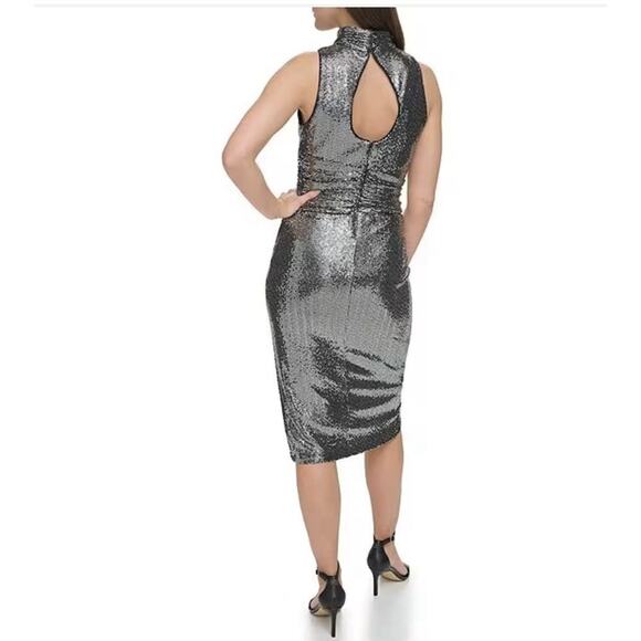 Vince Camuto Disco Dotted Metallic Knit Mock Neck Sleeveless Ruched Dress 4 - Picture 3 of 4